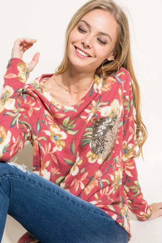 Floral Sequin Pocket Long Sleeve Top