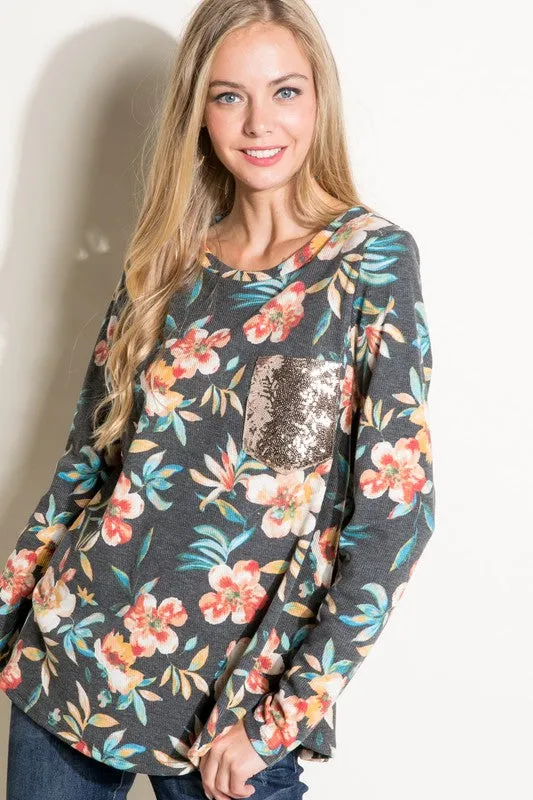 Floral Sequin Pocket Long Sleeve Top