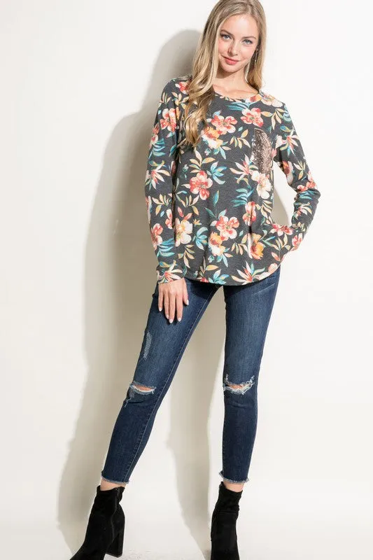 Floral Sequin Pocket Long Sleeve Top