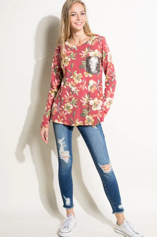 Floral Sequin Pocket Long Sleeve Top