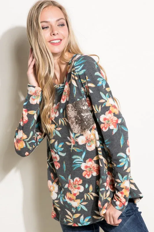 Floral Sequin Pocket Long Sleeve Top