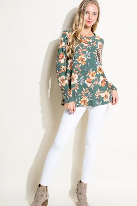 Floral Sequin Pocket Long Sleeve Top