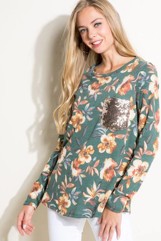 Floral Sequin Pocket Long Sleeve Top