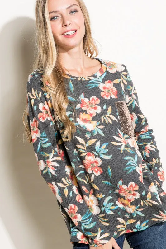 Floral Sequin Pocket Long Sleeve Top