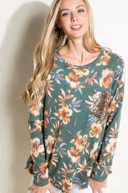 Floral Sequin Pocket Long Sleeve Top