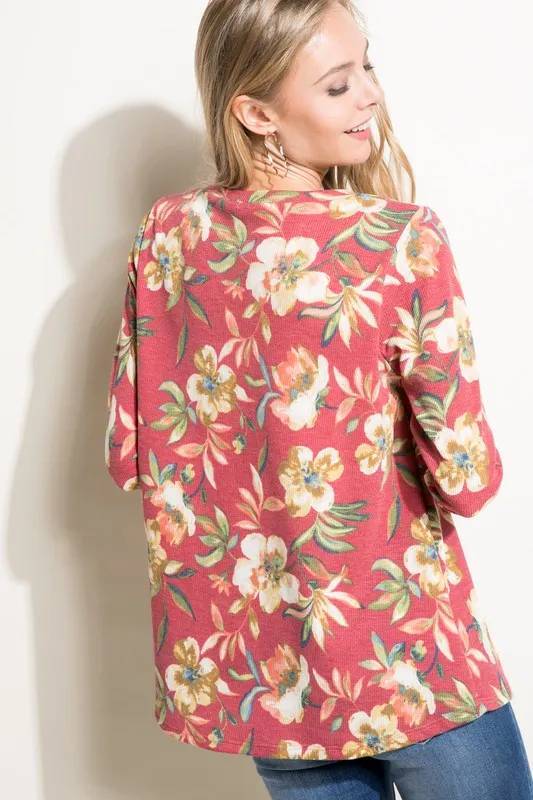 Floral Sequin Pocket Long Sleeve Top