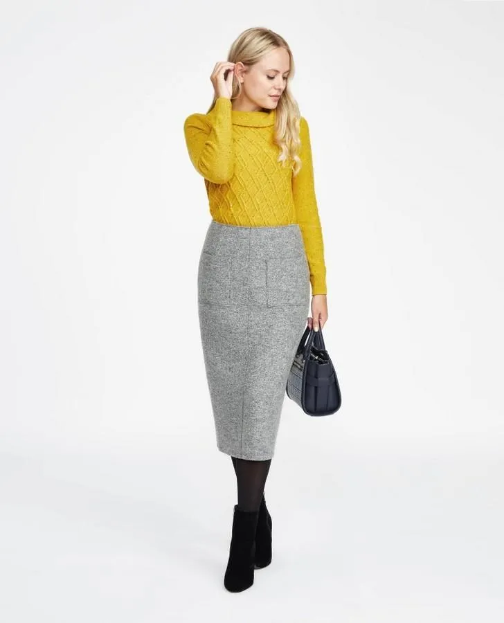 Grey Midi Boiled Wool Pencil Skirt