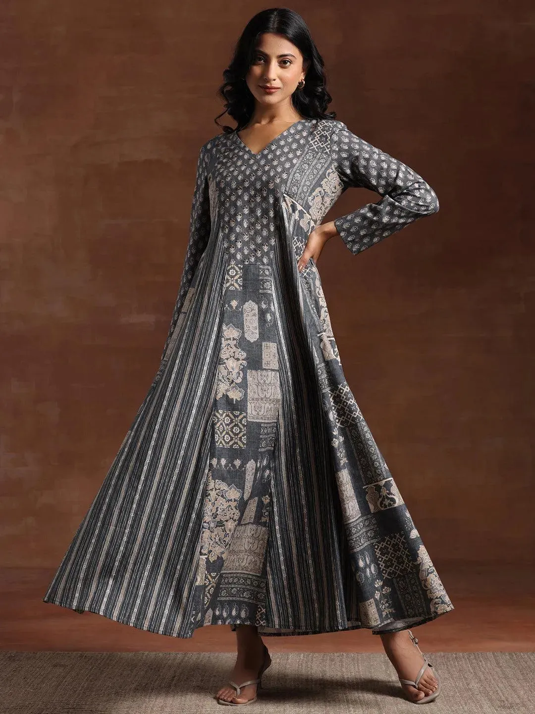 Grey Printed Linen A-Line Dress