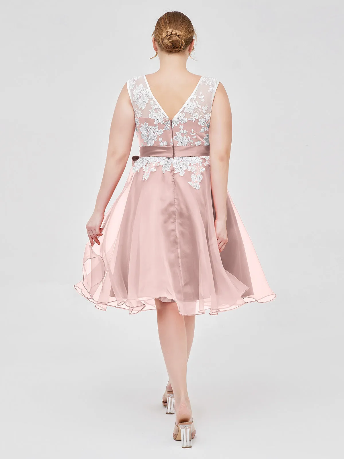 Illusion Neck Organza with Ivory Lace Appliqued Dusty Rose Plus Size