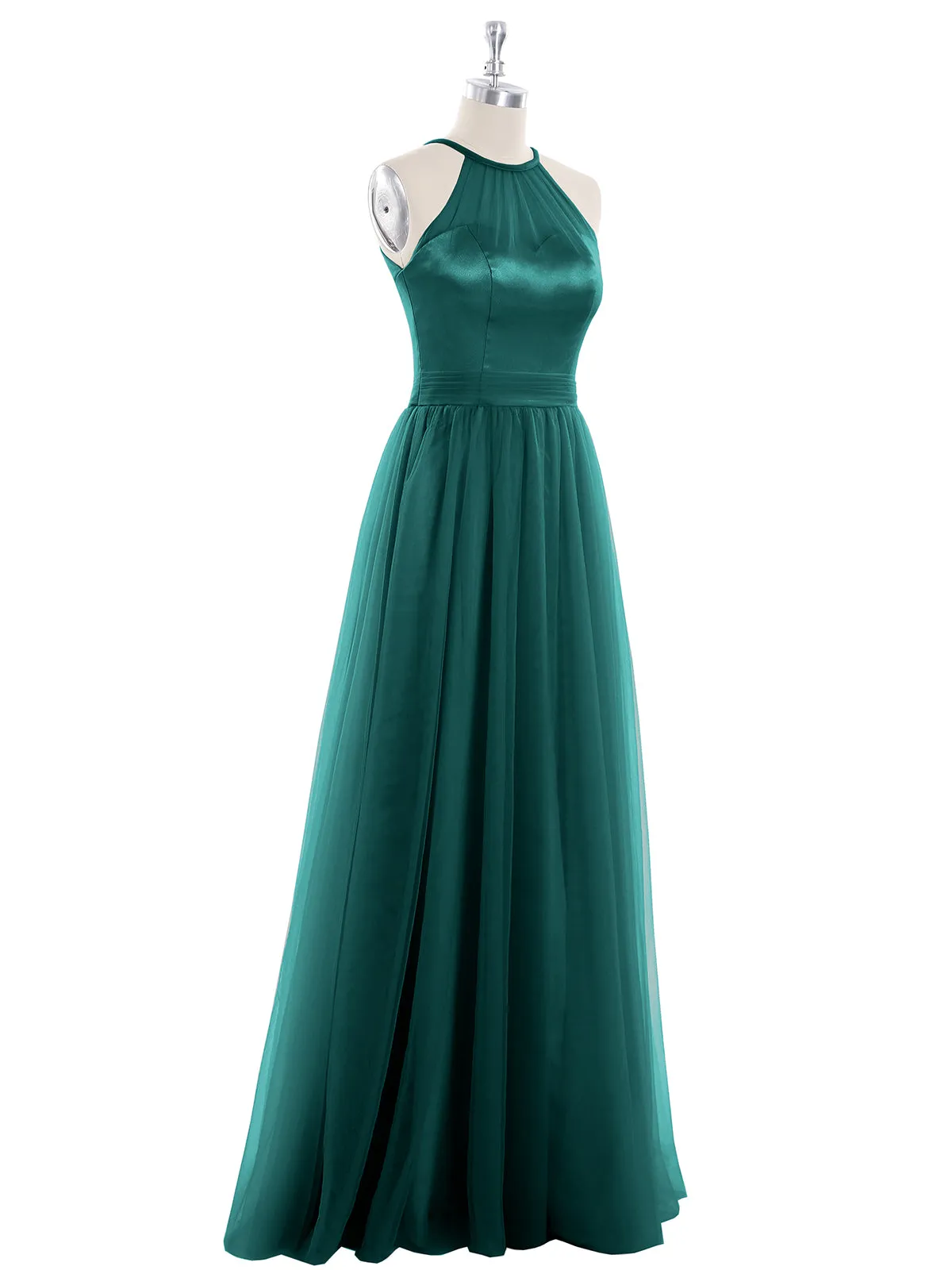 Illusion Neckline Long Tulle Dress-Peacock