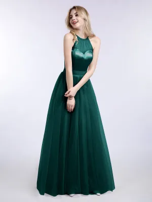 Illusion Neckline Long Tulle Dress-Peacock