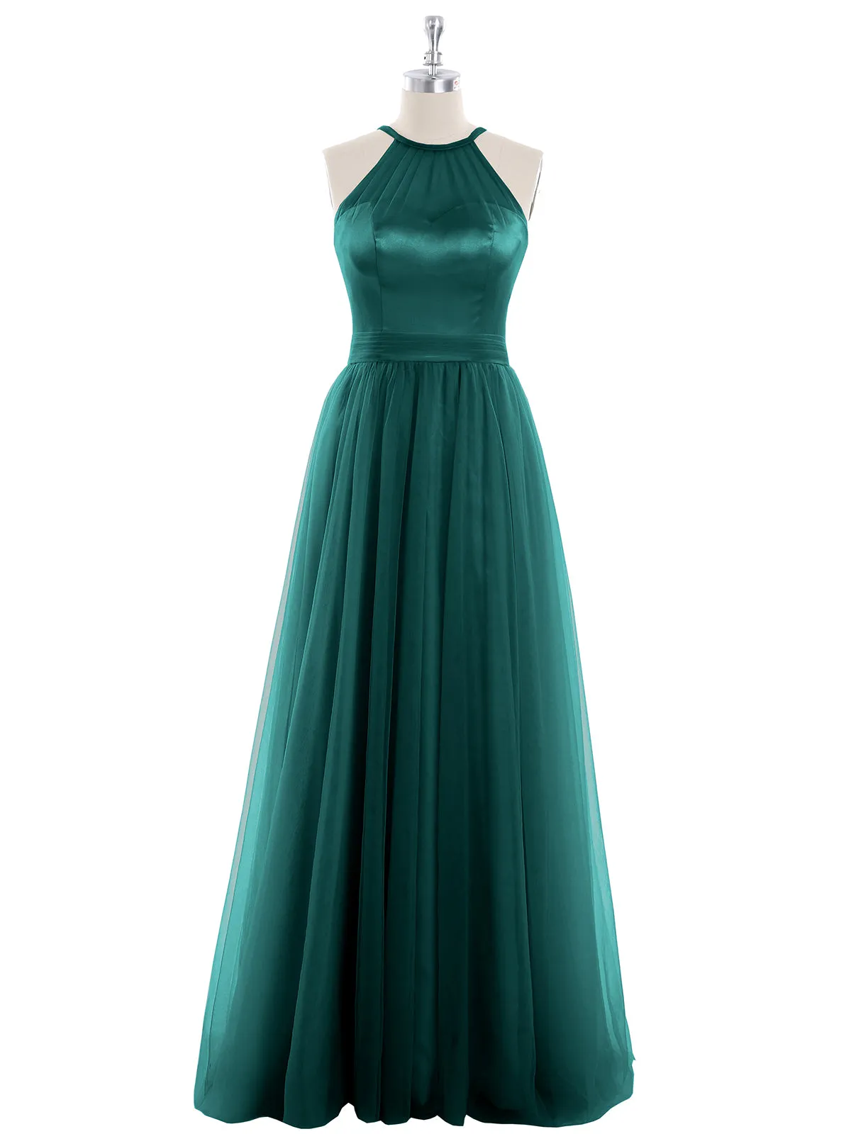 Illusion Neckline Long Tulle Dress-Peacock