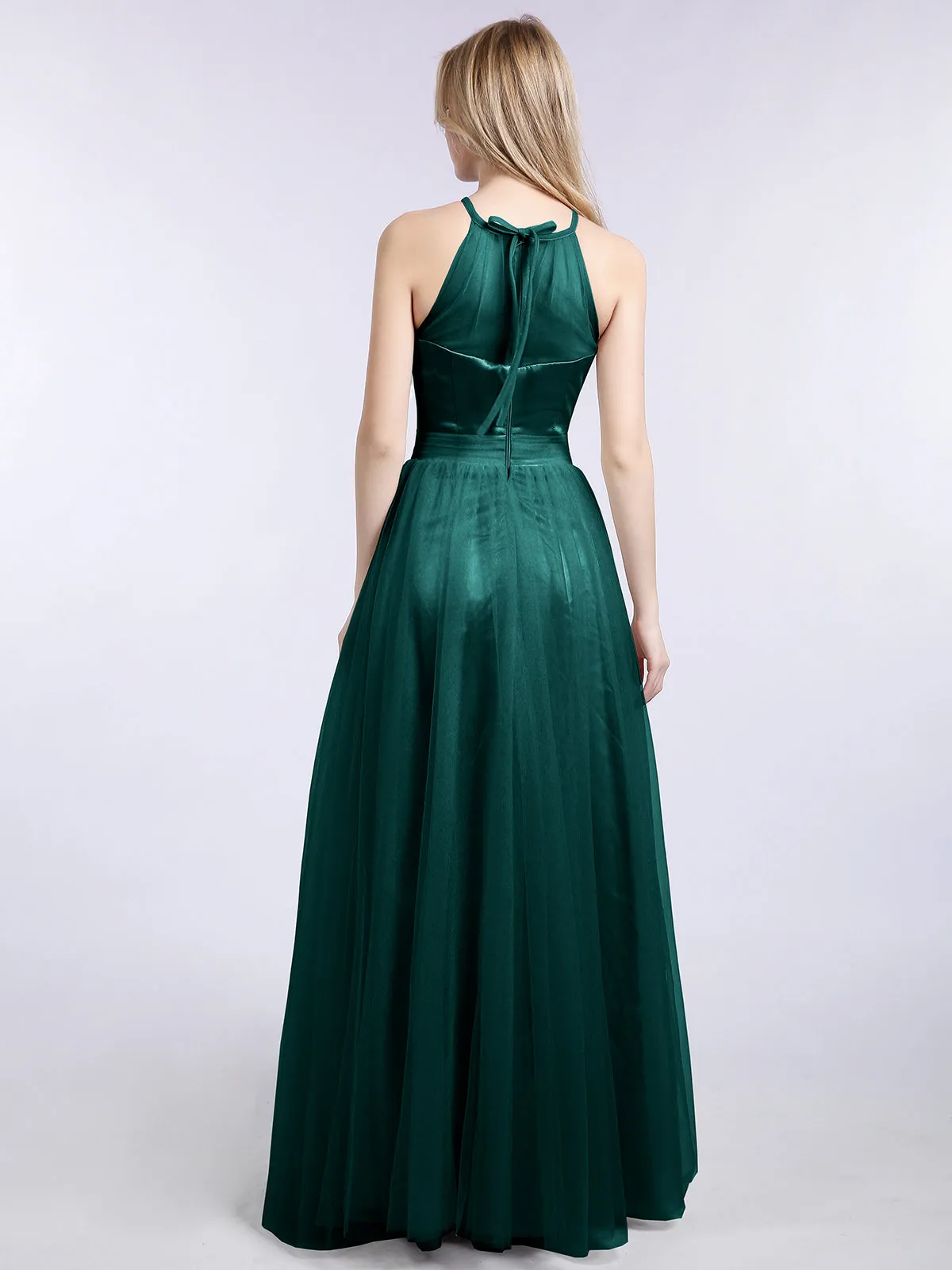 Illusion Neckline Long Tulle Dress-Peacock