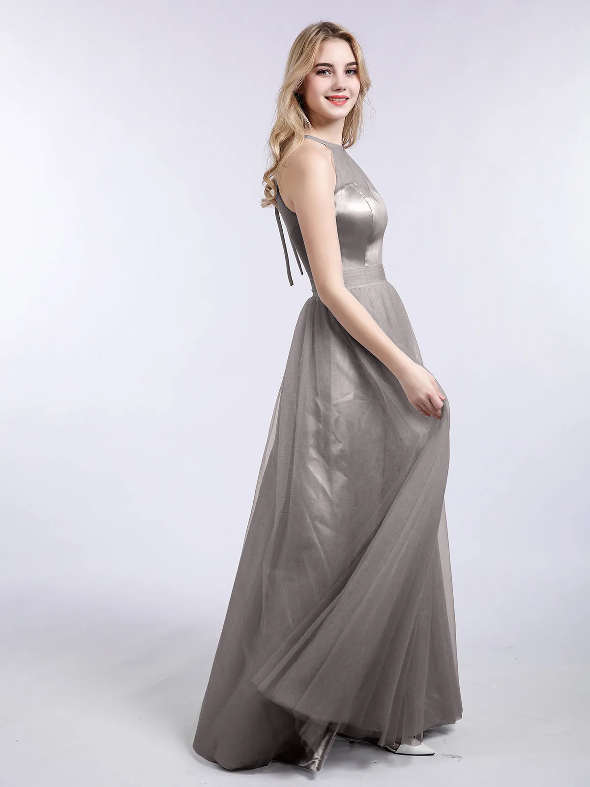 Illusion Neckline Long Tulle Dress-Silver Plus Size