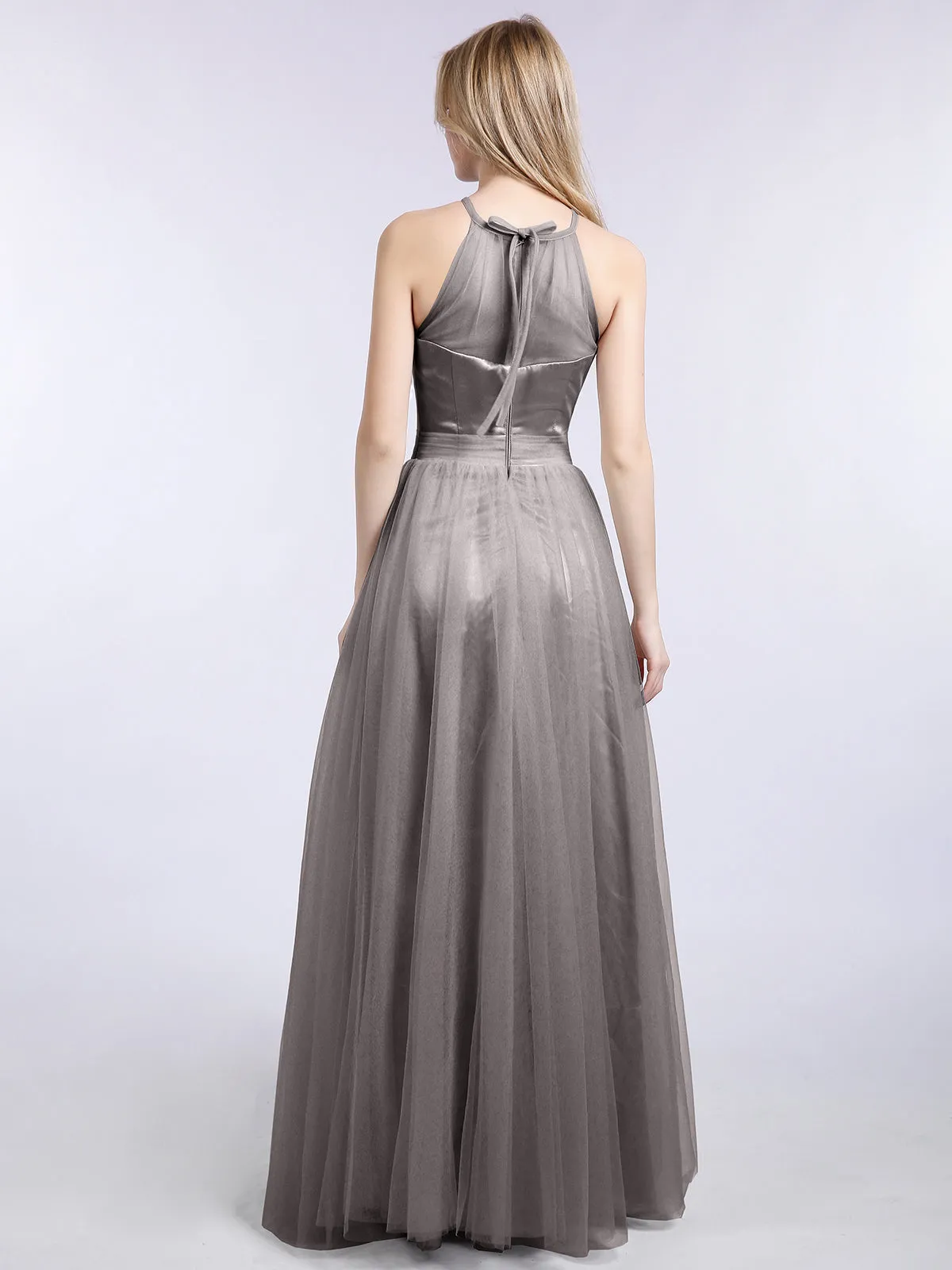 Illusion Neckline Long Tulle Dress-Silver Plus Size