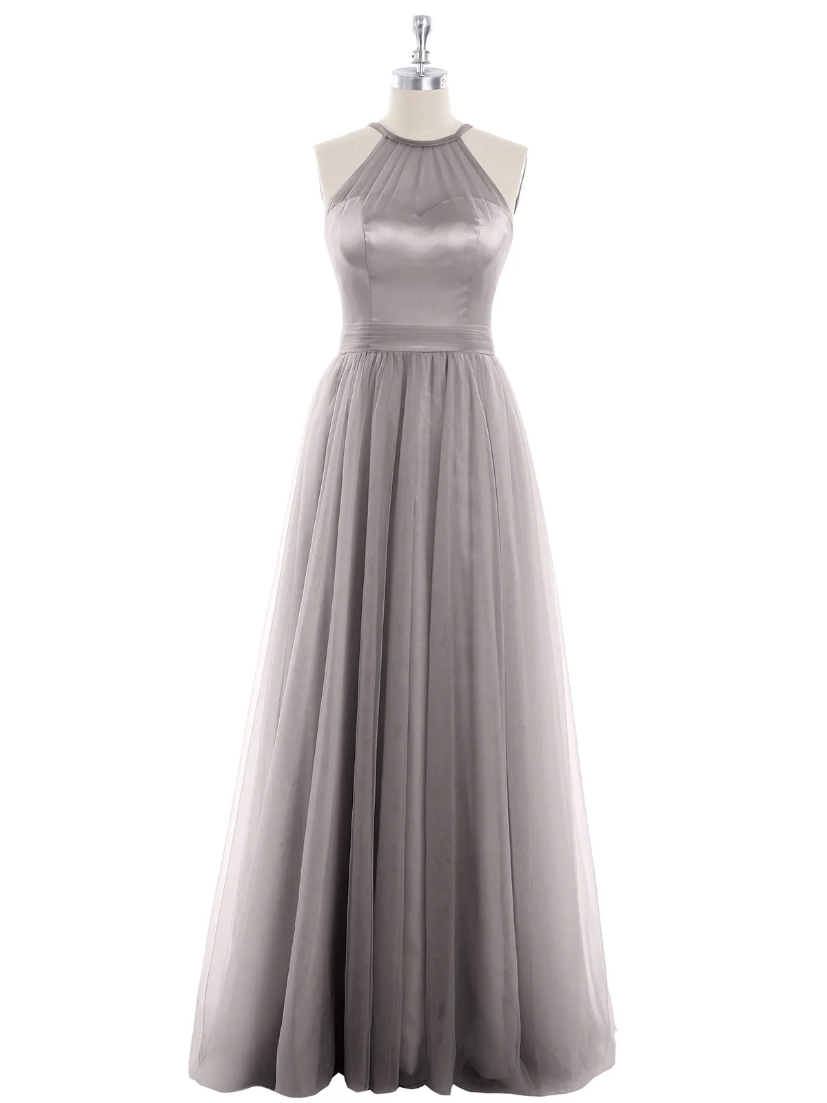 Illusion Neckline Long Tulle Dress-Silver Plus Size