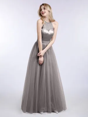 Illusion Neckline Long Tulle Dress-Silver Plus Size