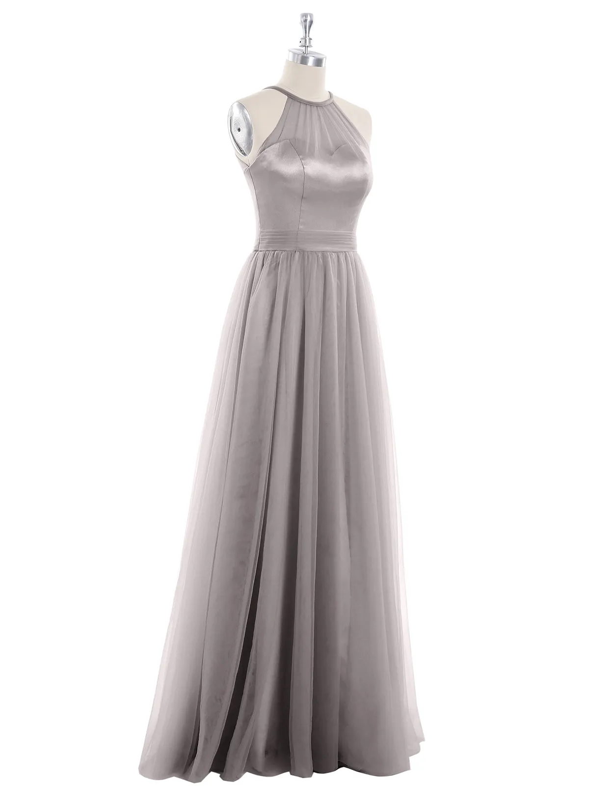 Illusion Neckline Long Tulle Dress-Silver Plus Size