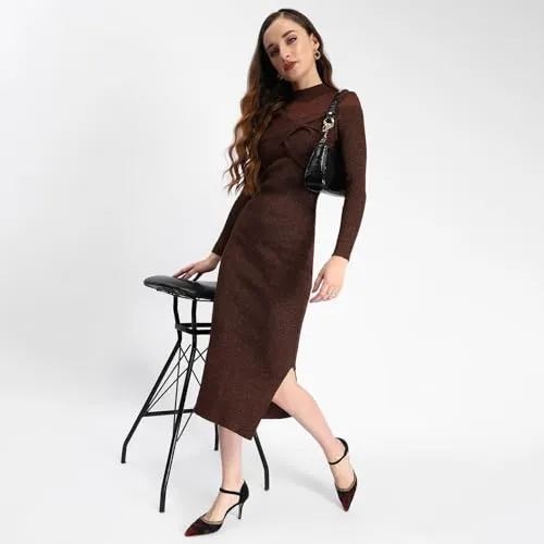 Madame Semi Sheer Cutout Brown Midi Dress