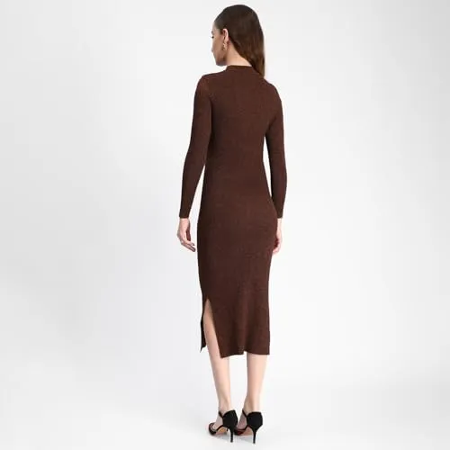 Madame Semi Sheer Cutout Brown Midi Dress