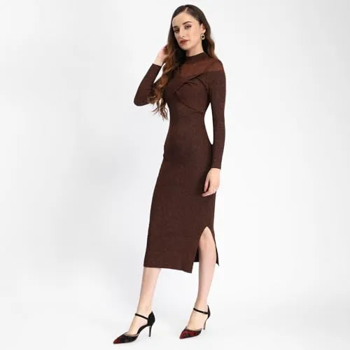 Madame Semi Sheer Cutout Brown Midi Dress