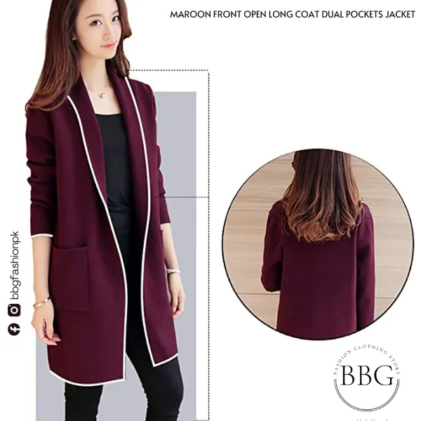 Maroon Front Open Long Coat Dual Pockets Jacket