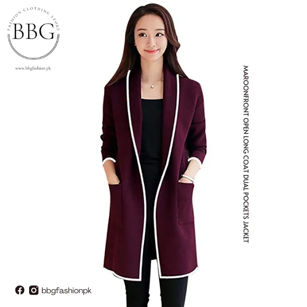 Maroon Front Open Long Coat Dual Pockets Jacket