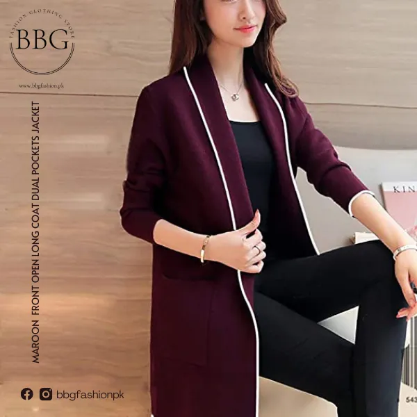 Maroon Front Open Long Coat Dual Pockets Jacket