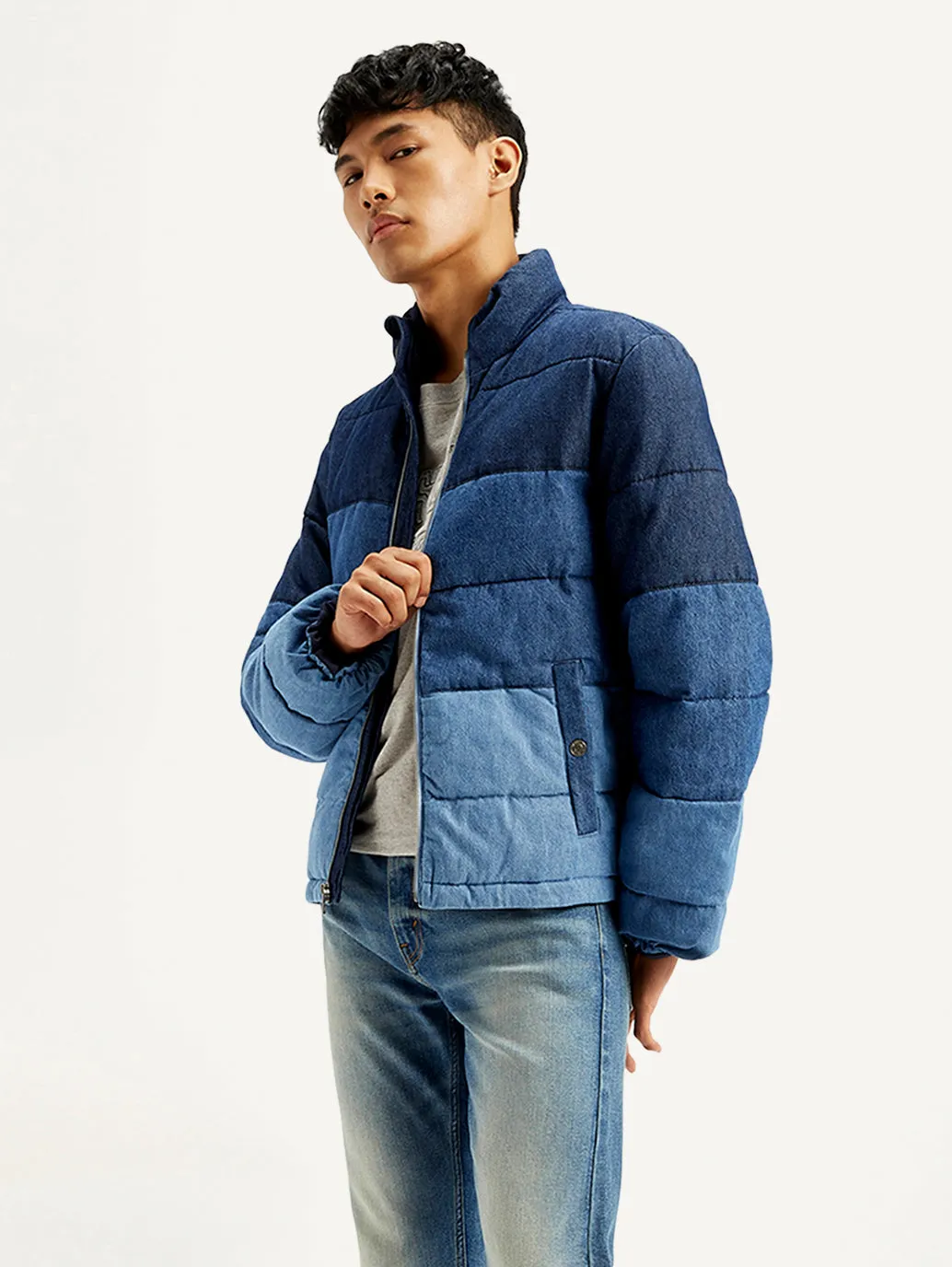 Men's Colorblock Blue High Neck Puffer Jacket