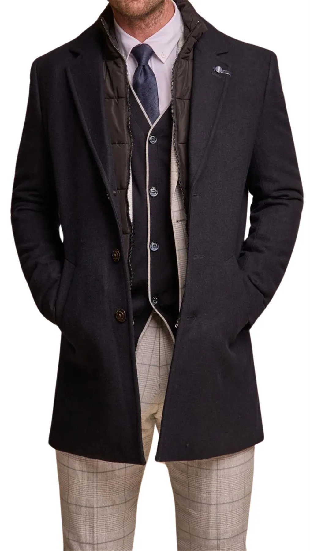 Men's Navy Overcoat Wool Blend Classic Trench Coat Winter Jacket