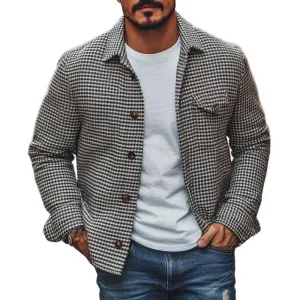 Men's Vintage Houndstooth Lapel Single Breasted Shirt Jacket 85588306M