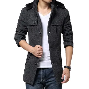 Mens Woolen Business Hooded Stand Collar Thick Trench Coat