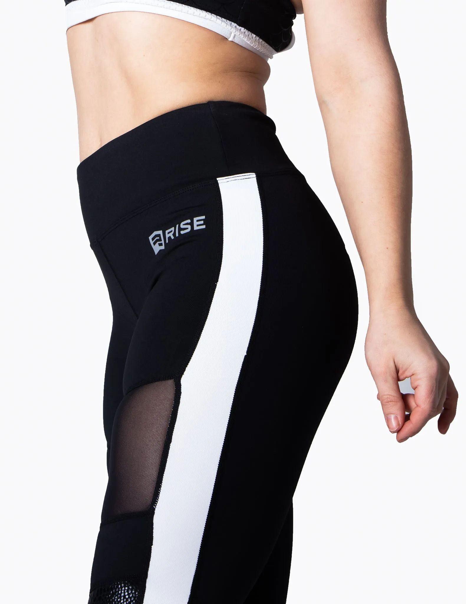 MESH PANEL HIGH RISE LEGGINGS - BLACK/WHITE