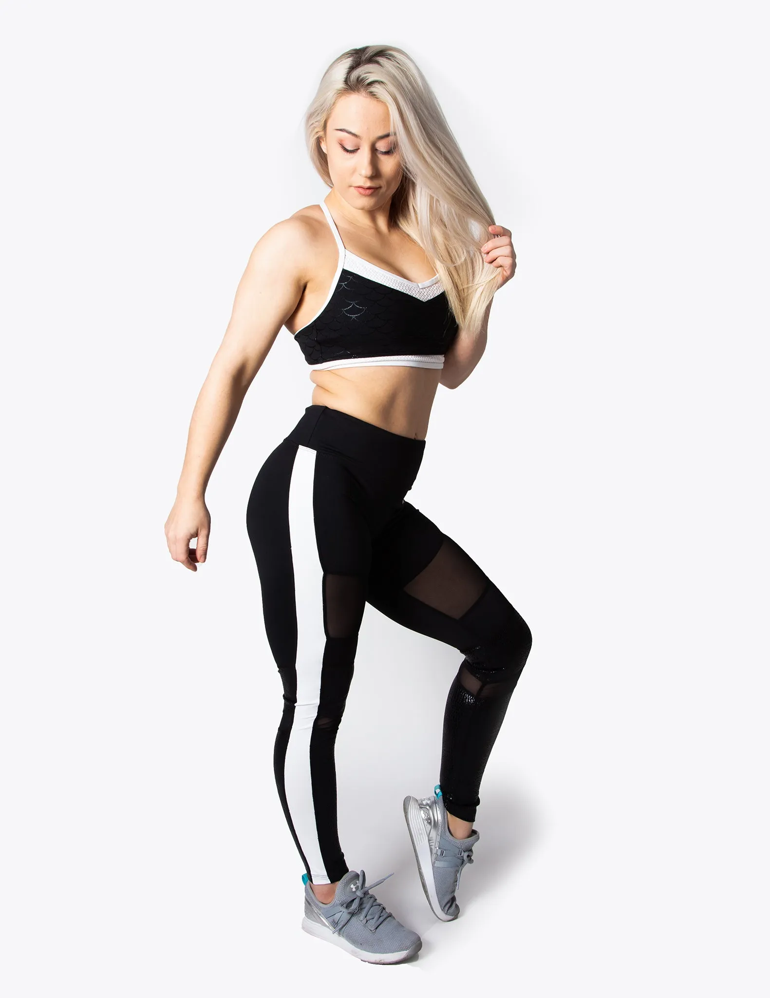 MESH PANEL HIGH RISE LEGGINGS - BLACK/WHITE