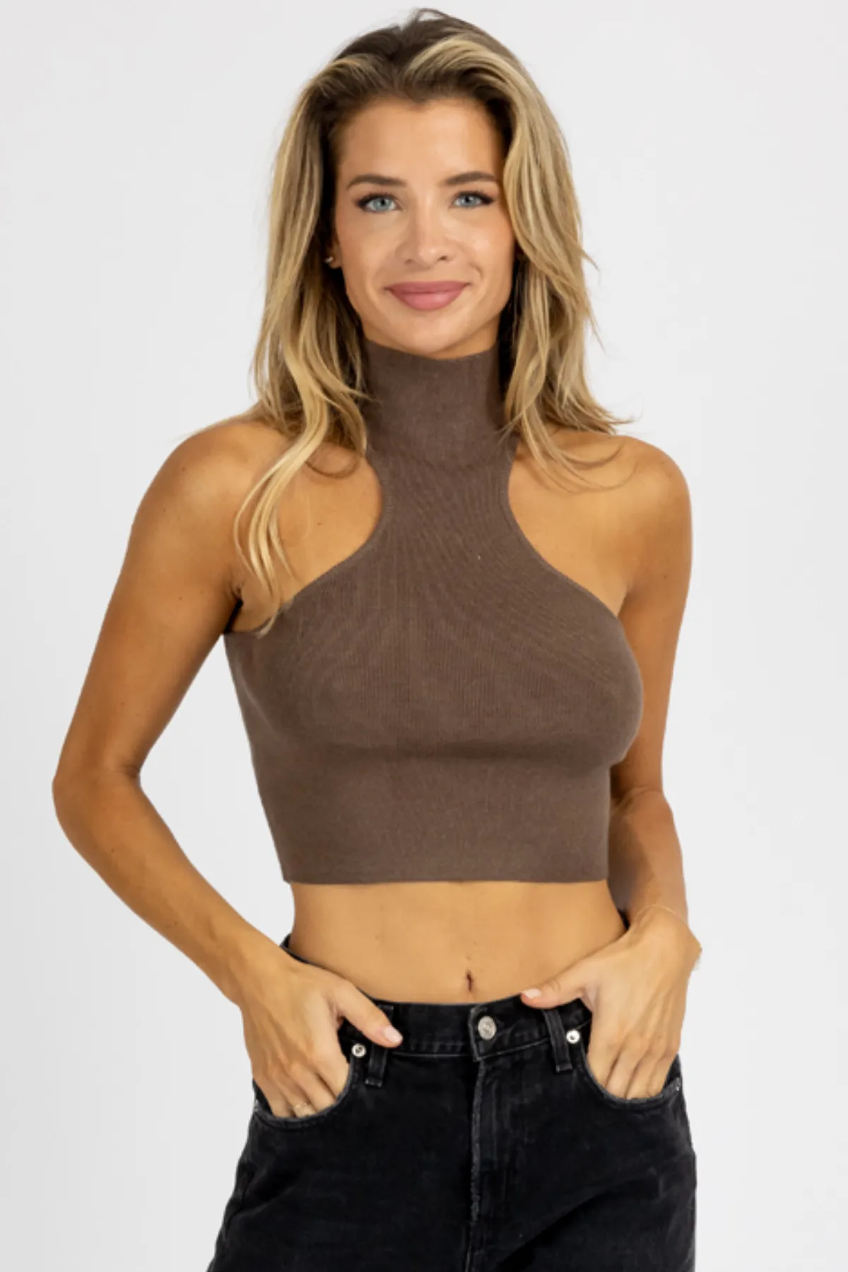 MOCHA TURTLENECK SLEEVELESS CROP TOP