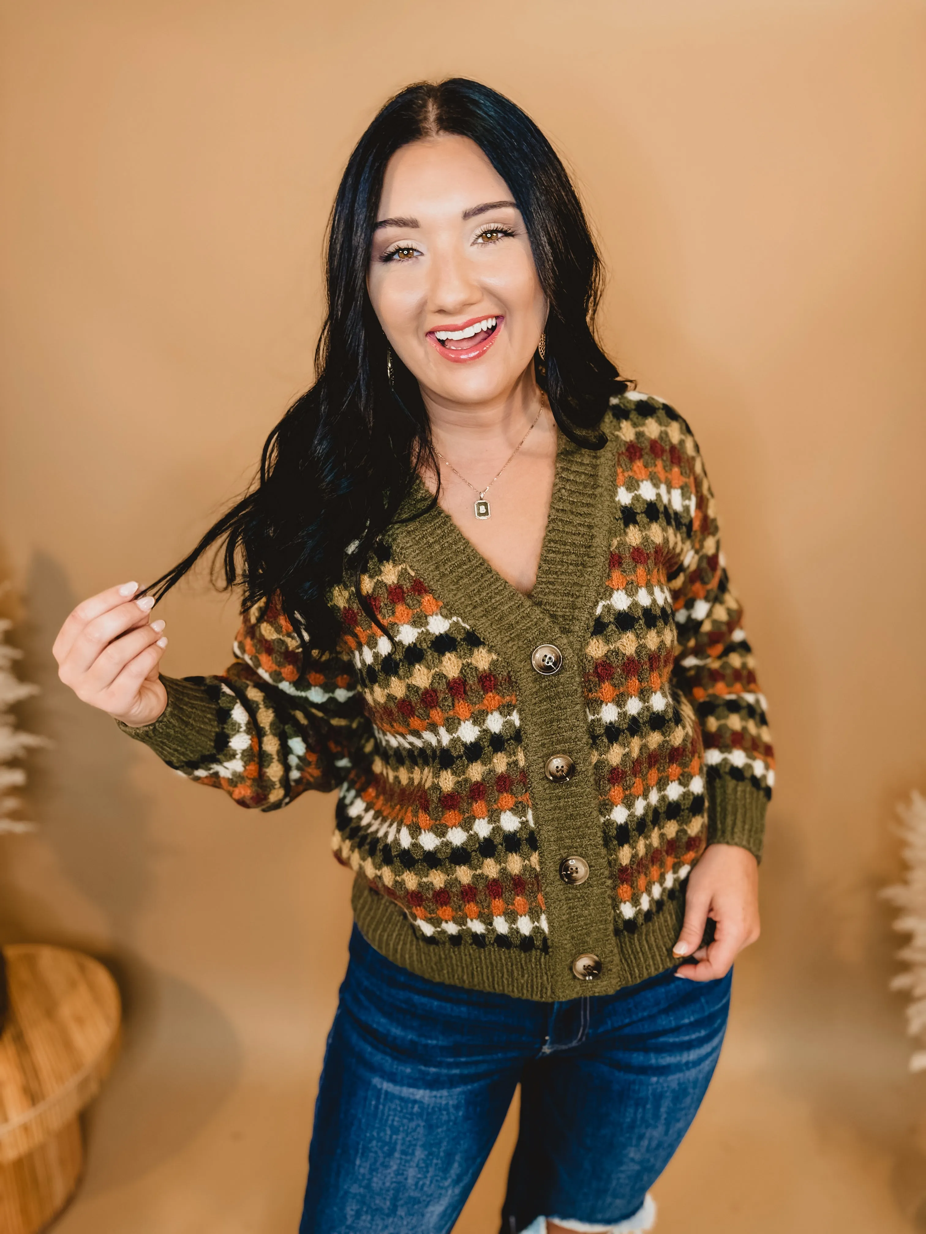 Multi Colored Boyfriend Knit Sweater - Olive Multi