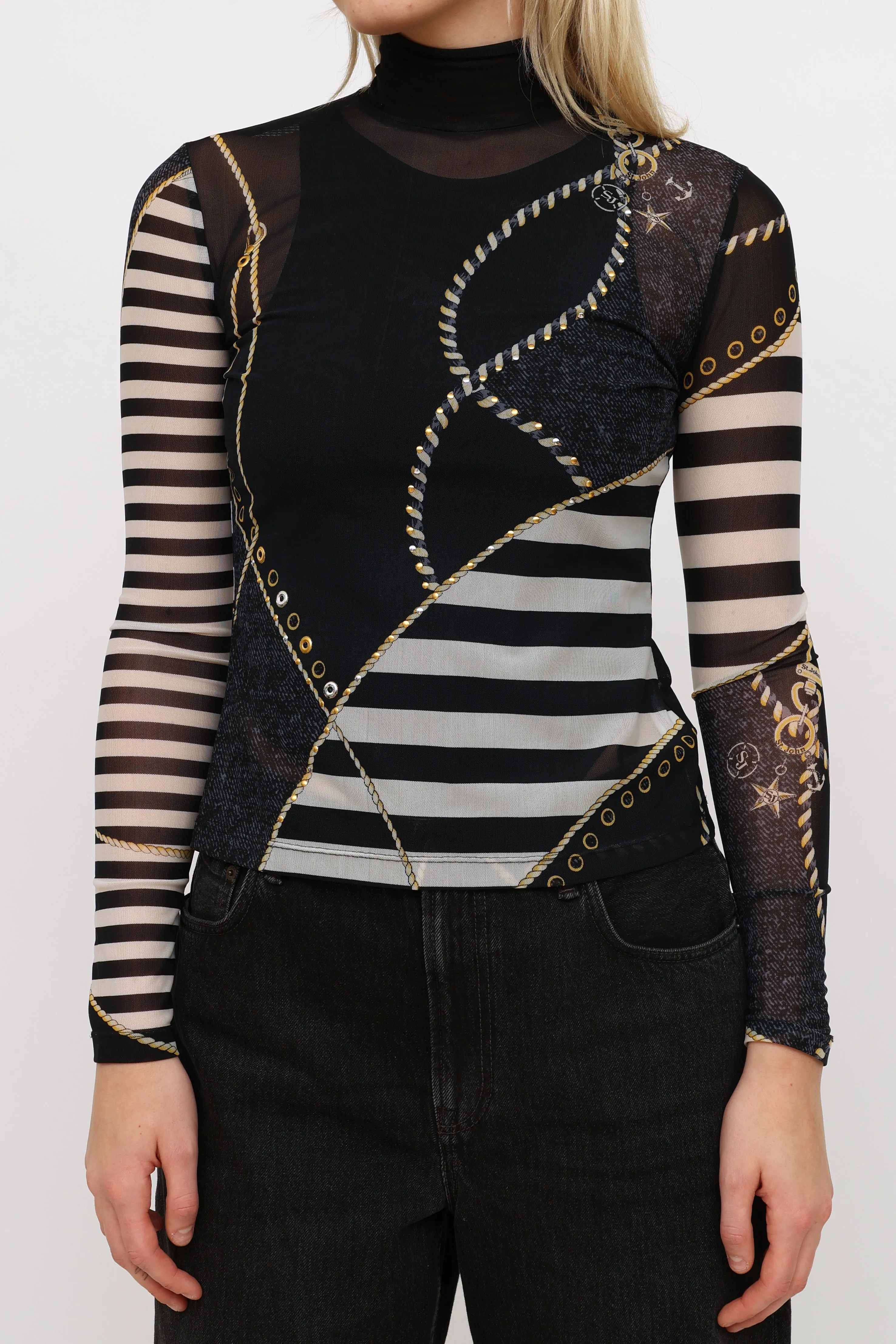 Navy Striped Graphic Mesh Top