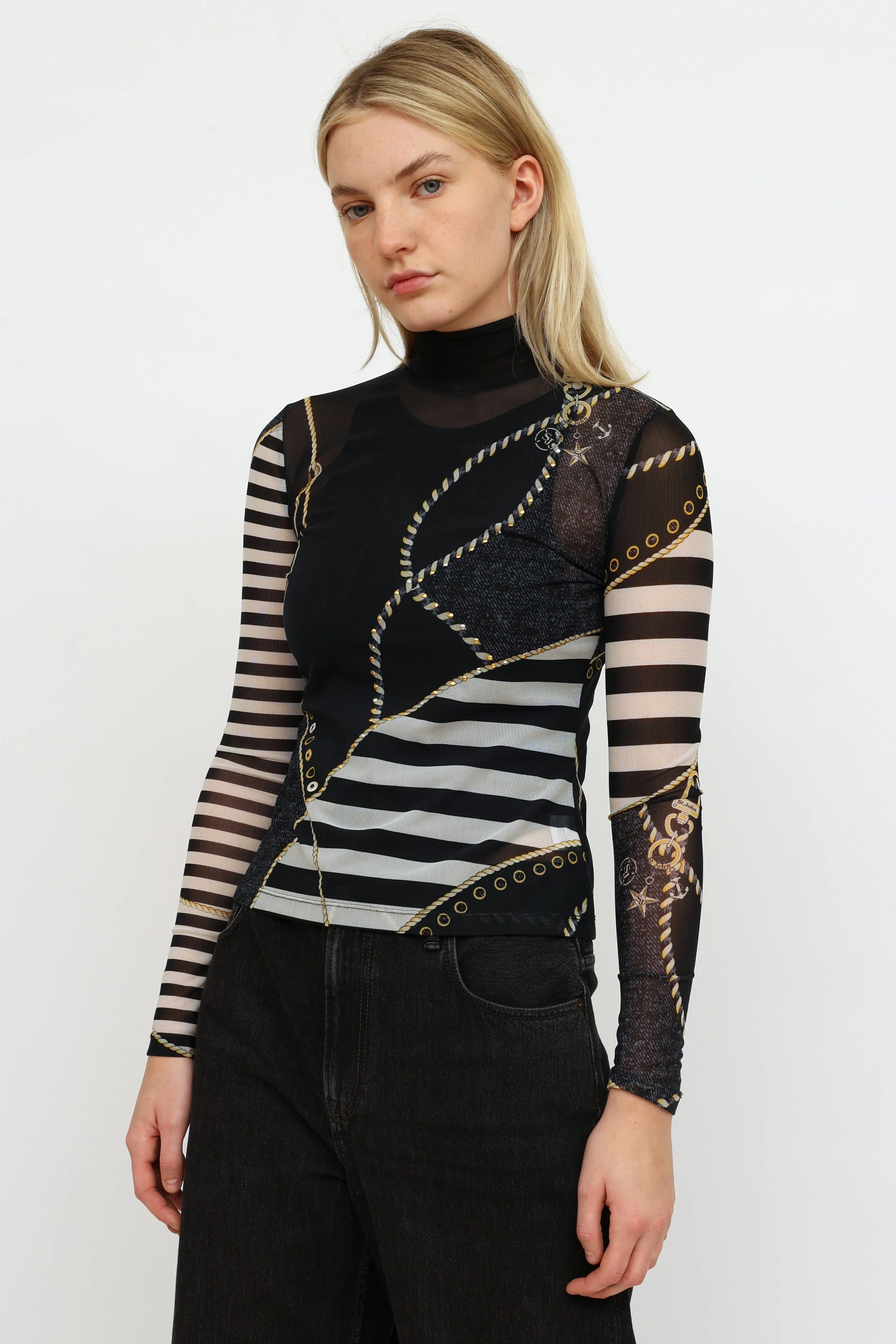 Navy Striped Graphic Mesh Top