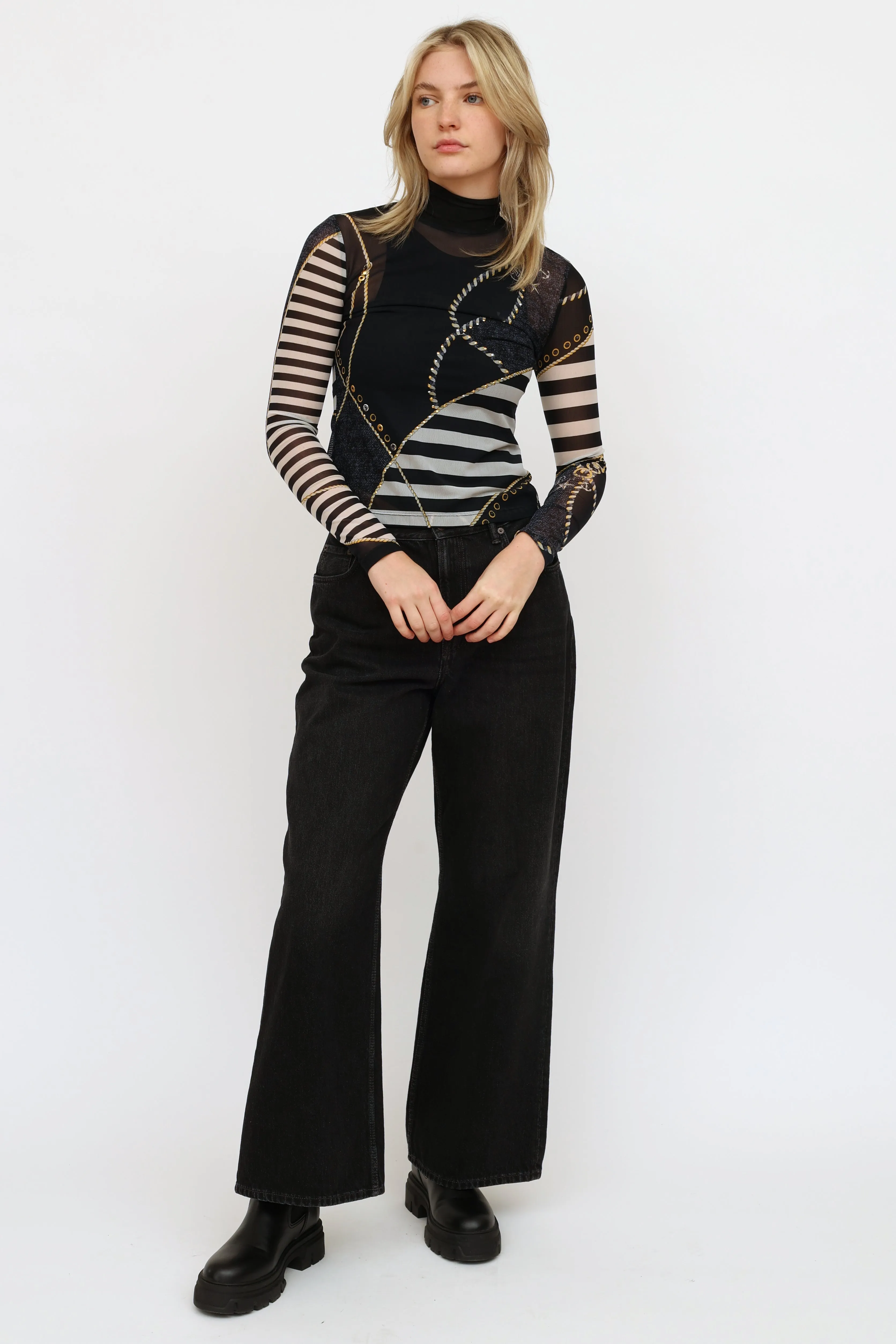 Navy Striped Graphic Mesh Top