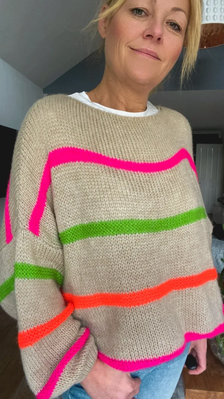 Neon Stripe Jumper - Taupe loo