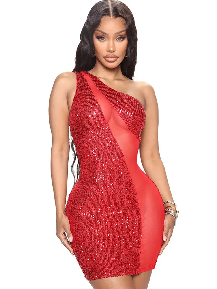 One Shoulder Mesh Patchwork Sequin Mini Dresses