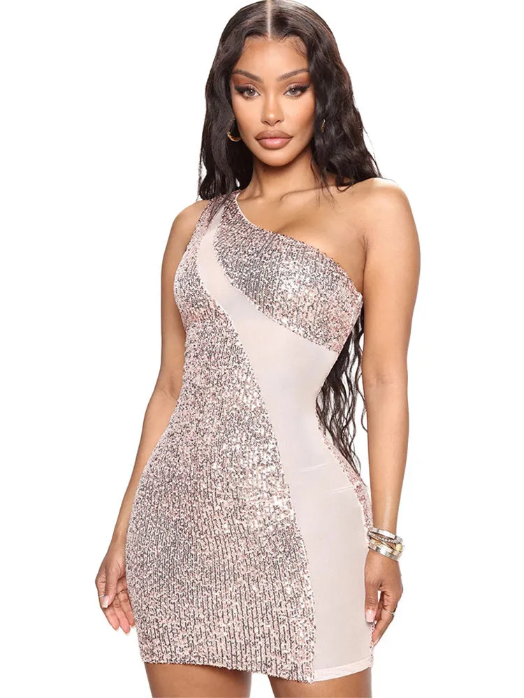 One Shoulder Mesh Patchwork Sequin Mini Dresses