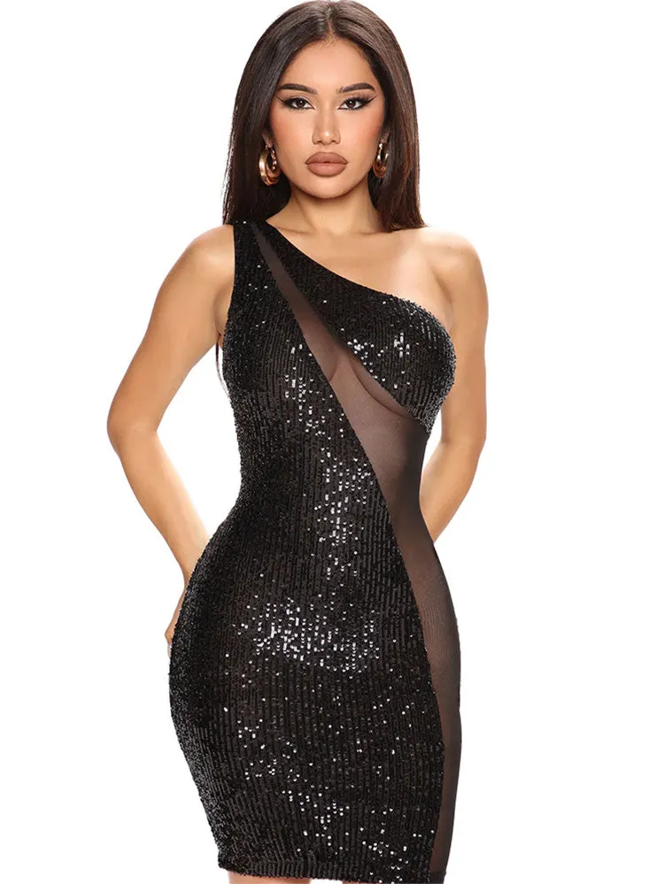 One Shoulder Mesh Patchwork Sequin Mini Dresses