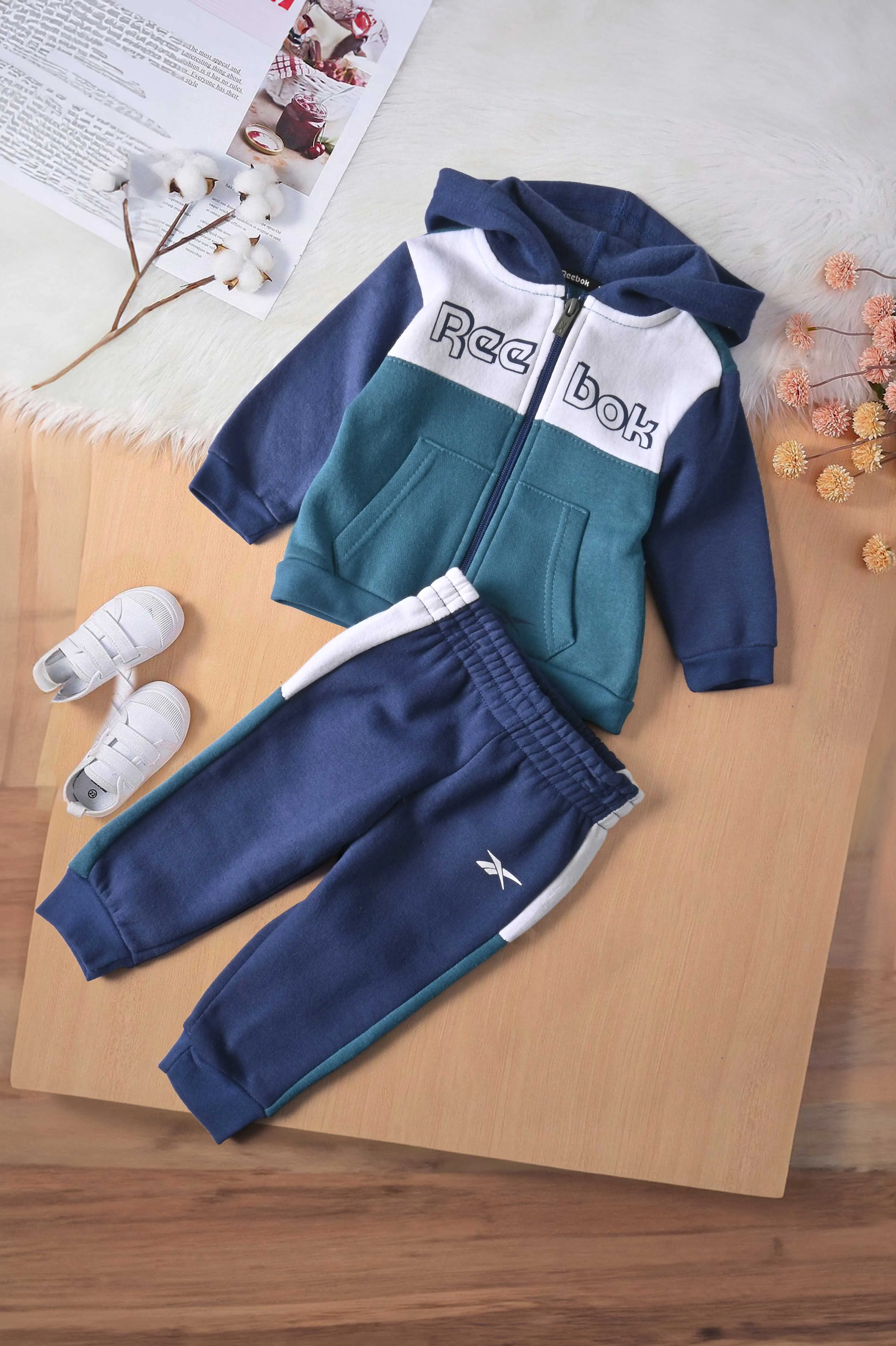 RBK Kids' Contrast Panel Fleece Zipper Hooded Sweat Suit Set. Shirt and Pajama