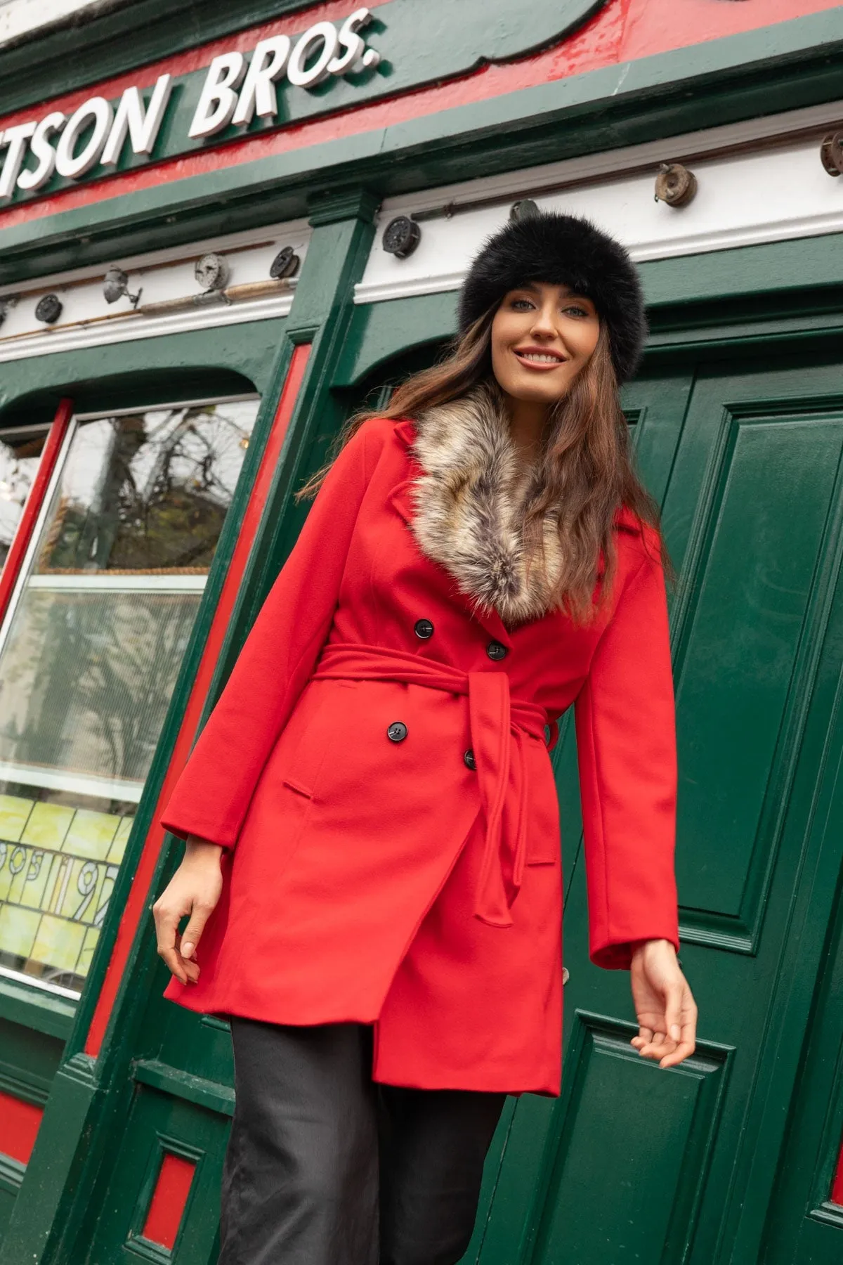 Red Faux Fur Trim Coat