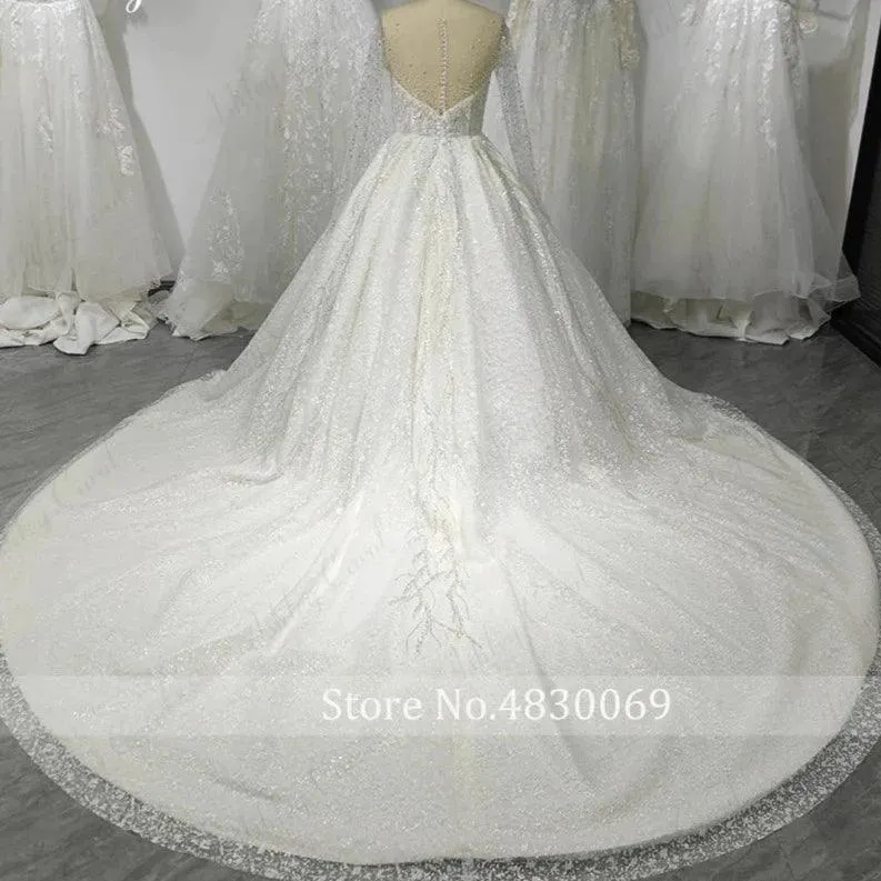 Royal French White Princess Bridal Dress: Long-Sleeved Wedding Dress with Sparkling Beads