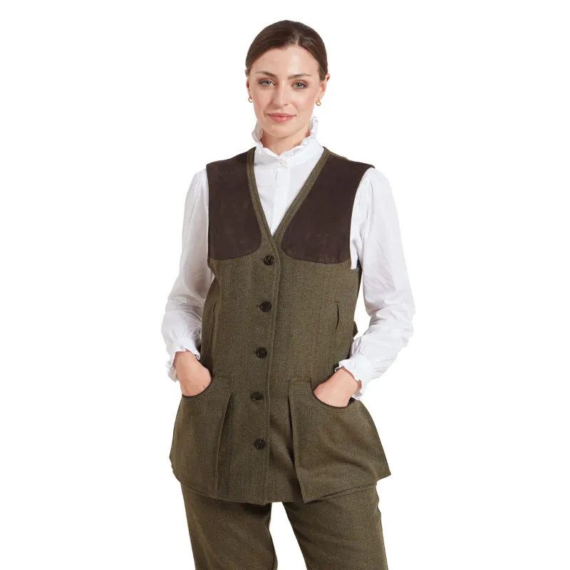 Schoffel Ladies Tweed Shooting Vest - Loden Green Herringbone Tweed