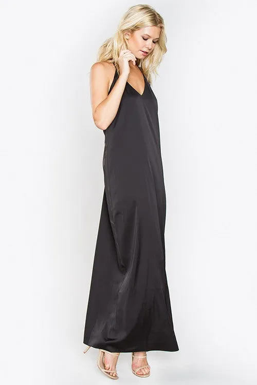 THE MYSTYLEMODE BLACK SATIN MAXI SLIP DRESS