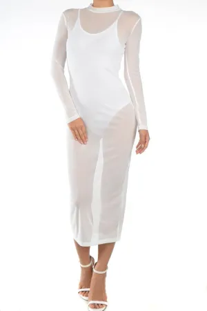 THE MYSTYLEMODE WHITE HIGH NECK ZIPPER BACK MESH DRESS