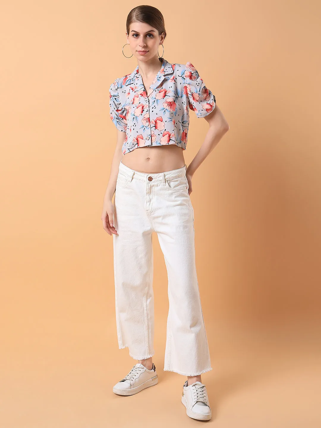 Women Floral Grey Blouson Crop Top